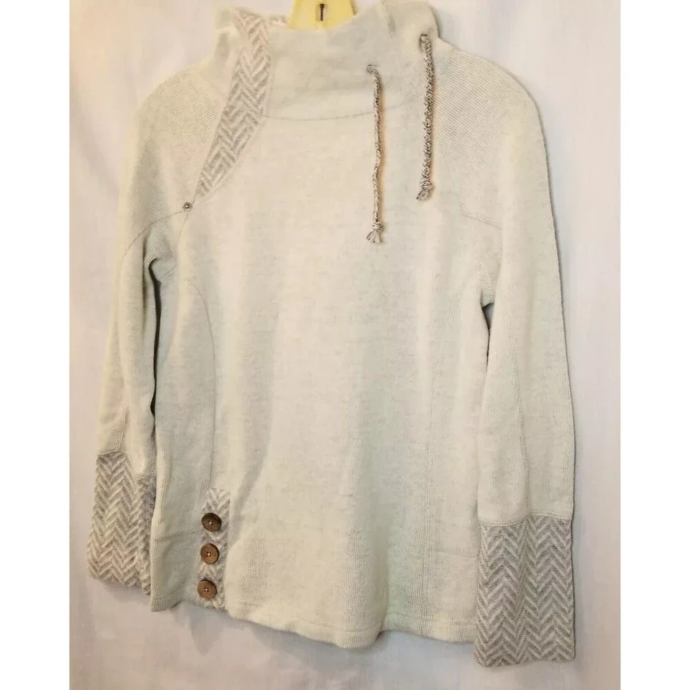PrAna Lucia Sweater Womens XS Gray Wool Knit Pullover Buttons Cinch Funnel Neck